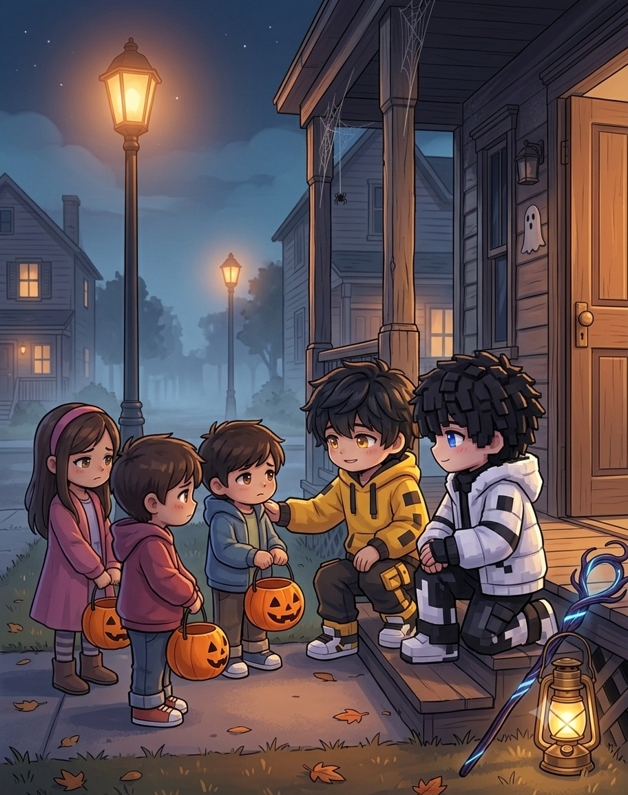 Abhay and Divyansh gently comforting the disappointed children outside the house, making a quiet promise to help the man understand kindness.